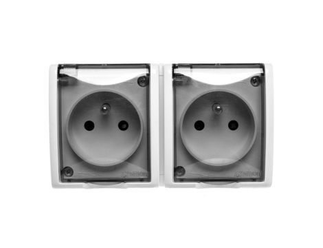 Simon Aquarius Gniazdo hermetyczne podwójne z/u IP54 z i przesłoną torów i klapką transparentną białe AQGZ1-2z/11a