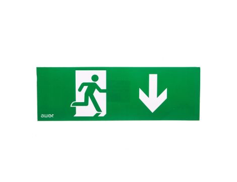 Piktogram PM27 100x300 człowiek w drzwiach strzałka dół logo awex (ISO7010)