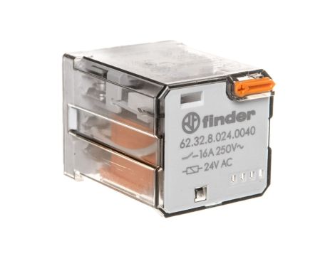 Przekaźnik 2P 16A 24V AC do gniazd lub Faston 187, przycisk testujący, mechaniczny wskaźnik zadziałania 62.32.8.024.0040