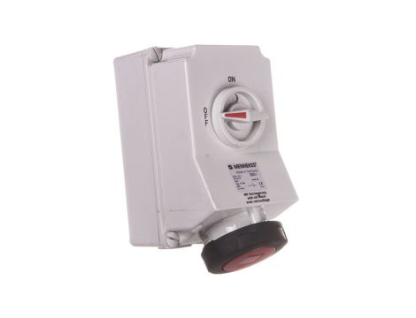 Gniazdo naścienne z rozłącznikiem 63A 5p 6h 400V IP67 z podwójną blokadą mechaniczną MEN5113A