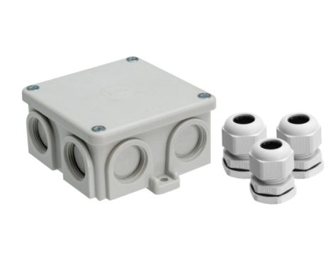 Puszka natynkowa, materiał-bakelit, kolor RAL7035, IP54, 500V, 7 wyjść, 3 dławiki PG16 K76/3PG16