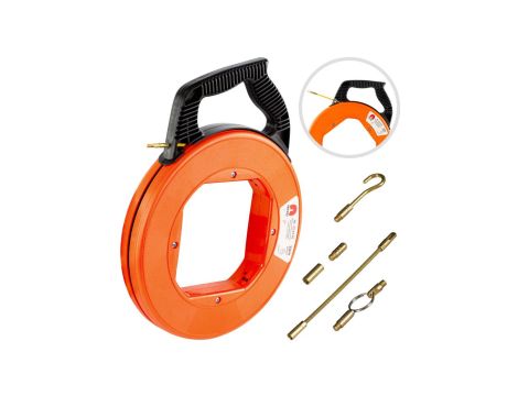 Włókno szklane do przeciągania kabli fi:4mm 30m z zestawem 6 końcówek pomarańczowa kaseta NEKU