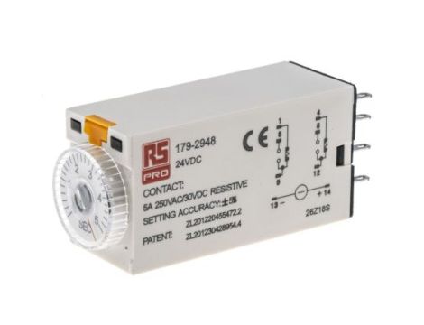 Przekaźnik czasowy zwłoczny jednofunkcyjny 0.2 → 5s DPDT 2-stykowy DPDT 24V dc