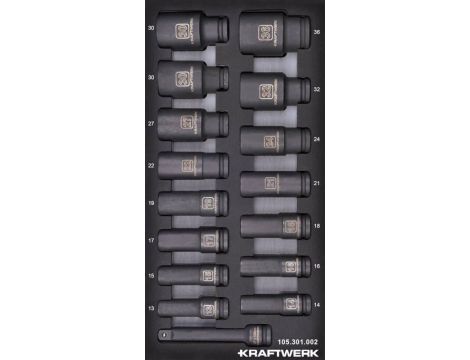 Zestaw 16 nasadek udarowych długich 1/2" w piance