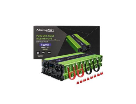 Qoltec Przetwornica napięcia Monolith ładowanie baterii UPS 2500W 5000W 12V na 230V Czysty Sinus LCD