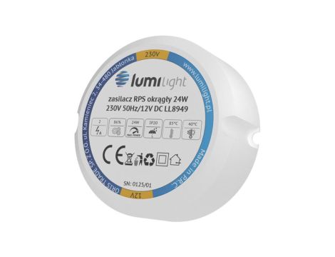 Zasilacz do puszki instalacyjnej, IP20, średnica 55mm, głębokość 22mm, 12V 2A 24W uniwersalny Lumilight