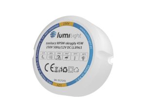 Zasilacz do puszki instalacyjnej, IP67, średnica 55mm, głębokość 22mm, 12V 3,75A 45W uniwersalny Lumilight
