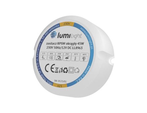 Zasilacz do puszki instalacyjnej, IP67, średnica 55mm, głębokość 22mm, 12V 3,75A 45W uniwersalny Lumilight