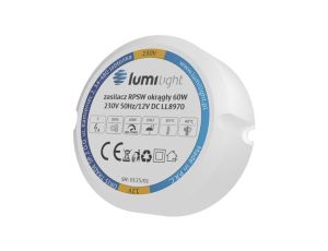 Zasilacz do puszki instalacyjnej, IP67, średnica 55mm, głębokość 22mm, 12V 5A 60W uniwersalny Lumilight