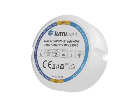 Zasilacz do puszki instalacyjnej, IP67, średnica 55mm, głębokość 22mm, 12V 5A 60W uniwersalny Lumilight