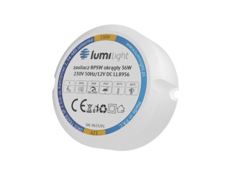 Zasilacz do puszki instalacyjnej, IP67, średnica 55mm, głębokość 22mm, 12V 3A 36W uniwersalny Lumilight