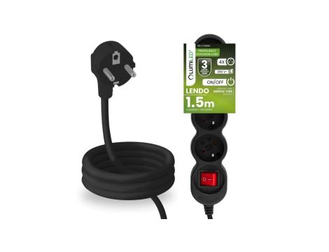 Przedłużacz Sieciowy Kabel z Uziemieniem Listwa Zasilająca 4 Gniazda 1.5m Włącznik ON/OFF Czarny Sznur Lendo Lumiled