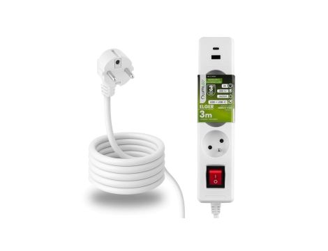 Przedłużacz Sieciowy Kabel z Uziemieniem Listwa Zasilająca 3 Gniazda 3m Włącznik ON/OFF Biały USB + USB-C Sznur ELGER Lumiled