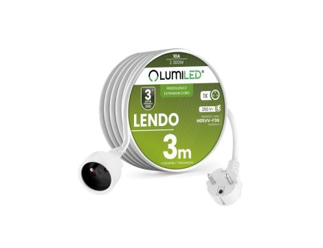 Przedłużacz Sieciowy Kabel z Uziemieniem Listwa Zasilająca 1 Gniazdo 3m Biały Sznur Lendo Lumiled