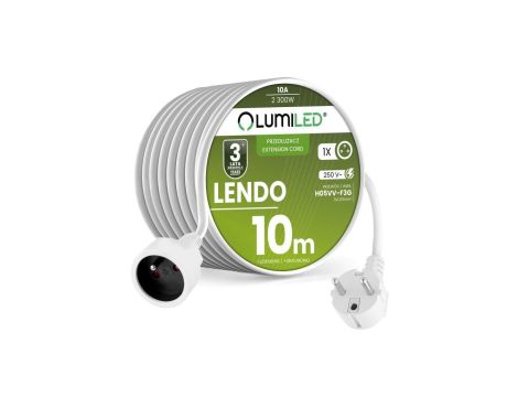 Przedłużacz Sieciowy Kabel z Uziemieniem Listwa Zasilająca 1 Gniazdo 10m Biały Sznur Lendo Lumiled