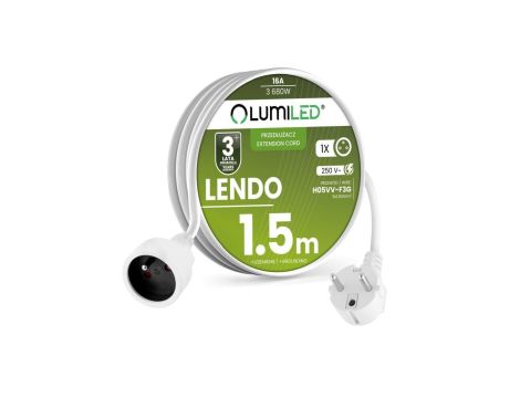 Przedłużacz Sieciowy Kabel z Uziemieniem Listwa Zasilająca 1 Gniazdo 1.5m Biały Sznur Lendo Lumiled