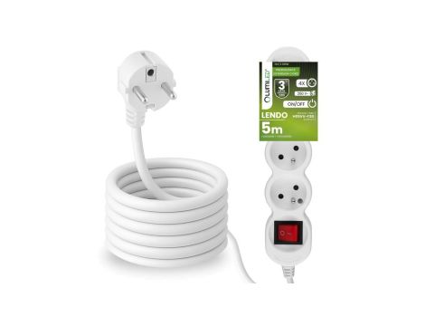 Przedłużacz Sieciowy Kabel z Uziemieniem Listwa Zasilająca 4 Gniazda 5m Włącznik ON/OFF Biały Sznur Lendo Lumiled
