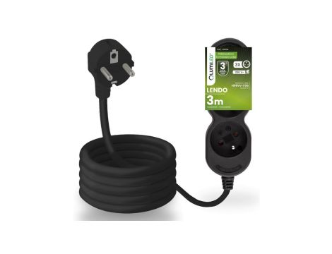 Przedłużacz Sieciowy Kabel z Uziemieniem Listwa Zasilająca 3 Gniazda 3m Czarny Sznur Lendo Lumiled