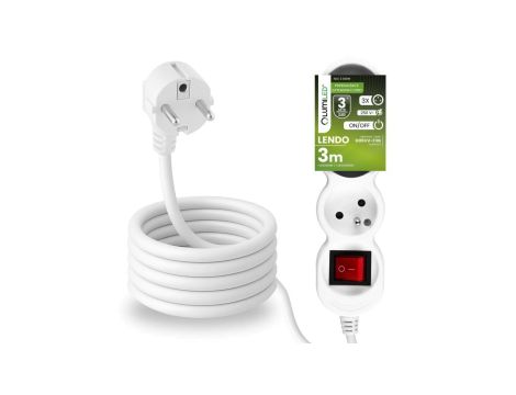 Przedłużacz Sieciowy Kabel z Uziemieniem Listwa Zasilająca 3 Gniazda 3m Włącznik ON/OFF Biały Sznur Lendo Lumiled
