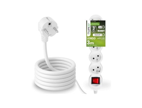 Przedłużacz Sieciowy Kabel z Uziemieniem Listwa Zasilająca 5 Gniazda 3m Włącznik ON/OFF Biały Sznur Lendo Lumiled
