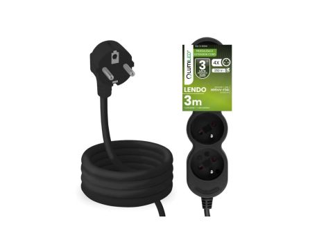 Przedłużacz Sieciowy Kabel z Uziemieniem Listwa Zasilająca 4 Gniazda 3m Czarny Sznur Lendo Lumiled