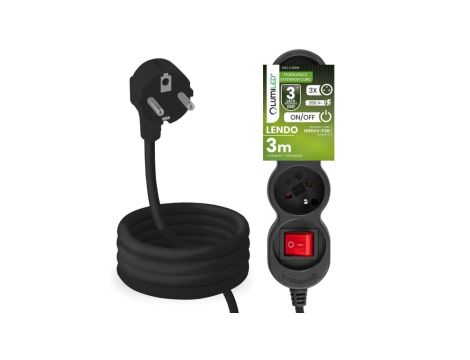 Przedłużacz Sieciowy Kabel z Uziemieniem Listwa Zasilająca 3 Gniazda 3m Włącznik ON/OFF Czarny Sznur Lendo Lumiled