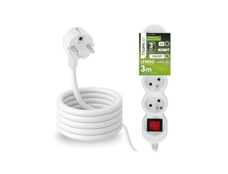 Przedłużacz Sieciowy Kabel z Uziemieniem Listwa Zasilająca 4 Gniazda 3m Włącznik ON/OFF Biały Sznur Lendo Lumiled
