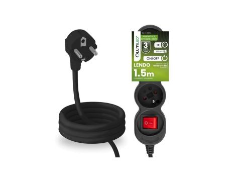 Przedłużacz Sieciowy Kabel z Uziemieniem Listwa Zasilająca 3 Gniazda 1.5m Włącznik ON/OFF Czarny Sznur Lendo Lumiled