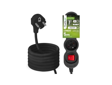 Przedłużacz Sieciowy Kabel z Uziemieniem Listwa Zasilająca 3 Gniazda 5m Włącznik ON/OFF Czarny Sznur Lendo Lumiled