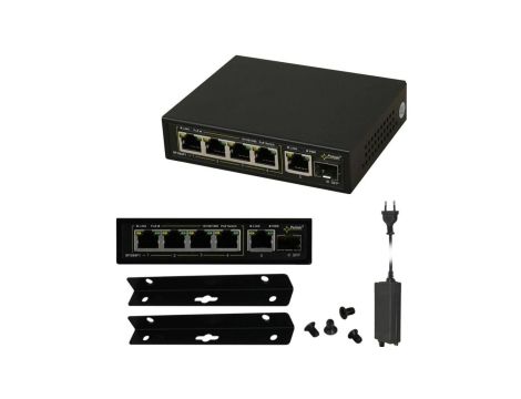 Switch desktop 6x port RJ45 (Gigabit Ethernet, w tym 4x PoE+ i 2x UpLink ) 30W, przełącznik niezarządzalny z zasilaczem