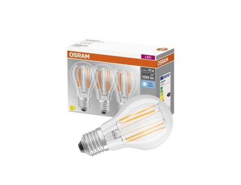 3PAK Żarówka LED E27 A60 CL 7,5W = 75W 1055lm 4000K Neutralna 300 Filament OSRAM BASE