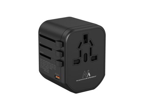 Adapter podróżny Maclean, zasilacz USB, 2xUSB 2,4A + USB-C PD 20W, Bezpiecznik 8A, Quick and Fast Charge, 200 krajów świata, MCE