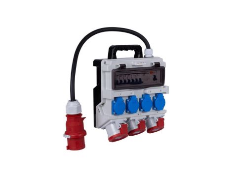 Rozdzielnica budowlana TR-S/FI hermetyczna IP44 Wyposażona + 3x gniazdo siłowe 5p (400V 32A + 2x16A) + 4x gniazdo 2P+Z (230V 16A