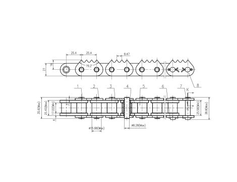 HUBBER - Łańcuch Rolkowy 16B-1 Płytki Zewnętrzne Zębate 1170 25.4 x 15.88 x 17.02