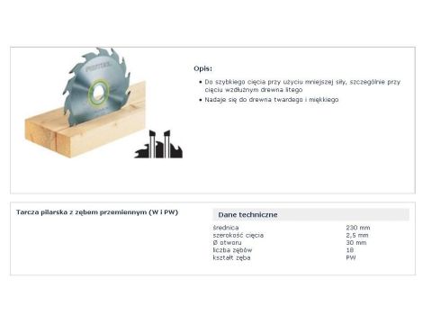 FESTOOL PIŁA TARCZOWA HW 230x2,5x30 PW18 WOOD RIP CUT