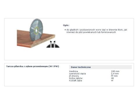 FESTOOL PIŁA TARCZ. HW 190X2,4 FF W48 WOOD FINE CUT