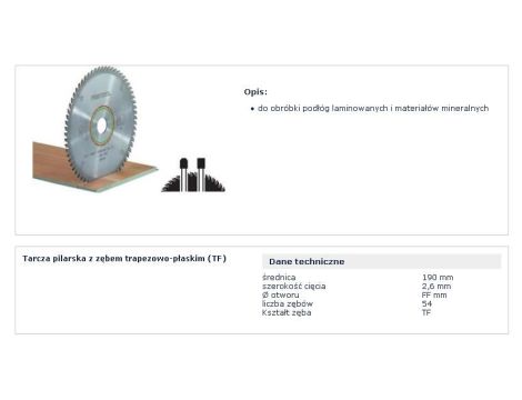 FESTOOL PIŁA TARCZOWA HW 190x2,6 FF TF54 LAMINATE/HPL