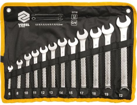 VOREL KLUCZE PŁASKO - OCZKOWE KOMPLET 12szt. (6-22) SATYNOWANE   51710