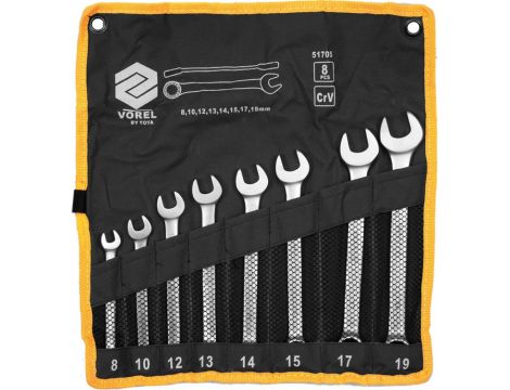 VOREL KLUCZE PŁASKO - OCZKOWE KOMPLET 8szt. (8-19mm) CHROMOWO - WANADOWYCH SATYNOWANYCH W ETUI 51705