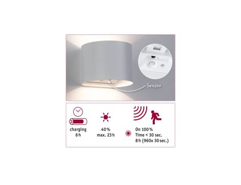 Mobilna lmapa ścienna NYORA LED z czujnikiem 2x1W góra/dół 3000K 2x165lm USB-C Aku IP44 biały / aluminium / tworzywo sztuczne - 3