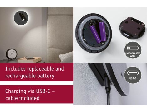 Mobilna lmapa ścienna AIORA LED DIM 0,7W + baclight 0,6W 2700K 78 + 82lm USB-C Aku czarny / tworzywo sztuczne - 12