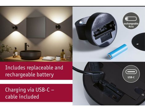Mobilna lmapa ścienna ZORIK LED DIM 2x1,1W góra/dół 2700K 2x110lm USB-C Aku IP44 czarny / tworzywo sztuczne - 13
