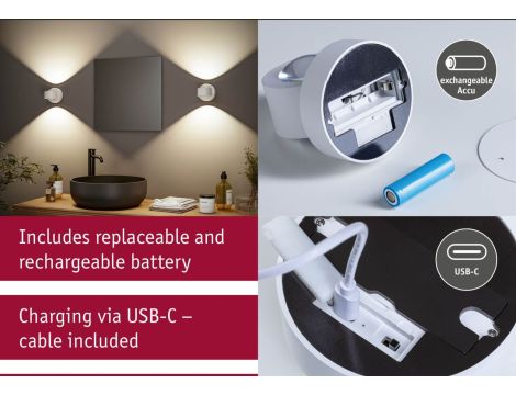 Mobilna lmapa ścienna ZORIK LED DIM 2x1,1W góra/dół 2700K 2x110lm USB-C Aku IP44 biały / tworzywo sztuczne - 14