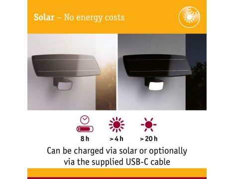 Solarna oprawa elewacyjna FLOTAS LED 6,2W z czujnikiem HF 700lm 3000K IP65 USB-C Aku antracyt / tworzywo sztuczne - 6