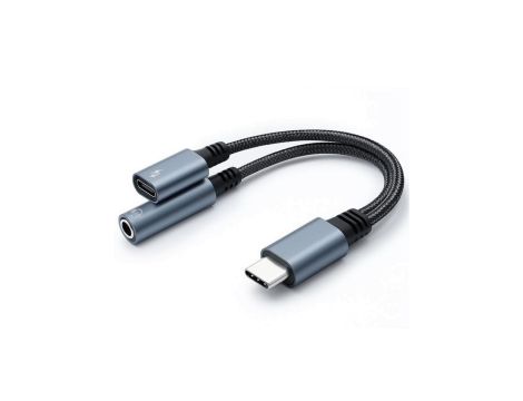 Qoltec Adapter przejściówka 2w1 USB-C USB-C Jack 3.5mm PD 15W 10cm Aluminium