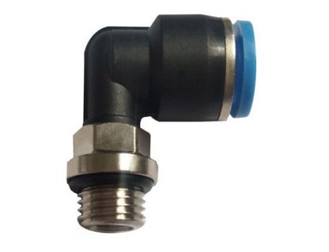 Złączka wtykowa kątowa z gwinem metrycznym M20X1,5 GZ do węża fi 10 mm, mosiądz niklowany