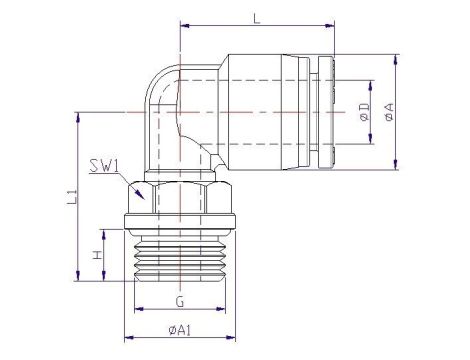 Złączka wtykowa kątowa z gwinem metrycznym M22X1,5 GZ do węża fi 10 mm, mosiądz niklowany - 2