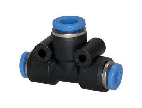 Trójnik pneumatyczny wtykowy redukcyjny typu T do węża z fi 2x16 mm na 1x12 mm, tworzywo sztuczne