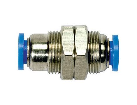 Złączka pneumatyczna wtykowa grodziowa M16 do węża fi 8 mm, mosiądz niklowany