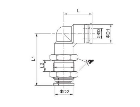 Złączka pneumatyczna wtykowa grodziowa kątowa M12 do węża fi 4 mm, mosiądz niklowany - 2